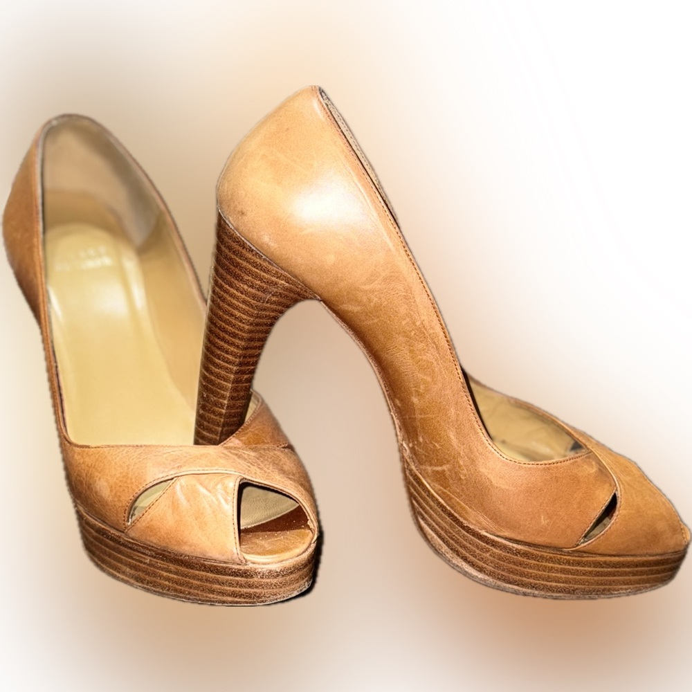 Stuart Weitzman Criss-Cross Peep Toe, Wooden-Heel, Platform (Size 7.5)…